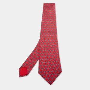 Hermès Red Equestrian Chain Link Print Silk Tie