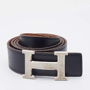 Hermes Black/Gold Box and Togo Leather Palladium Finish H Guilloche Belt 95 CM