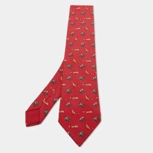 Hermes Red Animal Printed Silk Classic Tie 