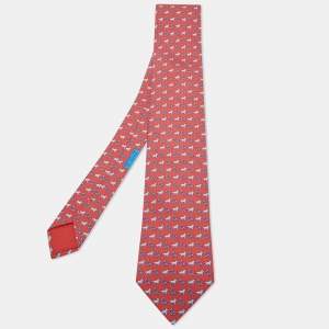 Hermes Red Dog Print Silk Tie