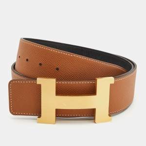 Hermes Gold/Blue Nuit Epsom Leather Constance H Reversible Buckle Belt 90CM