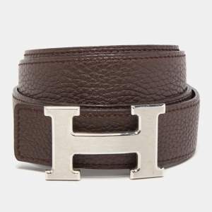 Hermes Black/Chocolat Box and Togo Leather H Buckle Reversible Belt 90CM