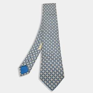 Hermes Blue Classic Pattern Print Silk Tie