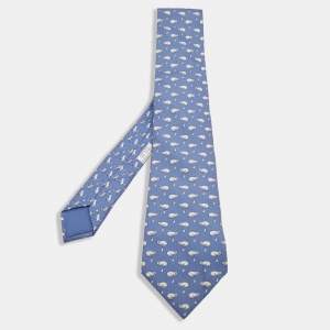 Hermes Blue Cat & Mice Print Silk Tie