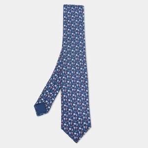 Hermes Navy Blue Equestrian Print Silk Tie