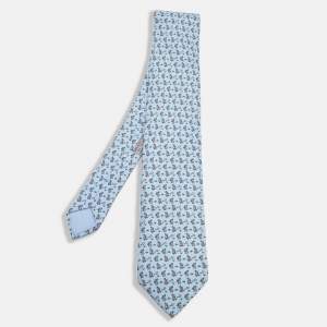 Hermes Blue Rabbit Print Silk Tie