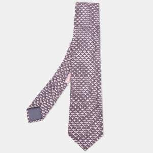 Hermes Grey/Pink Bat Print Silk Tie