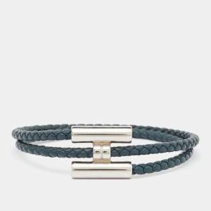 Pre Owned Hermes Dark Green Braided Leather Palladium Plated Tournis Tresse Bracelet