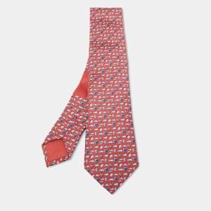 Hermès Red Up In The Clouds Printed Silk Skinny Tie