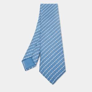 Hermès Blue Levez l'Ancre Printed Silk Slim Tie