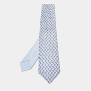 Hermès Blue Echec et Mat Twillbi Printed Silk Slim Tie