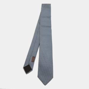 Hermes Blue Heart Patterned Silk Skinny Tie