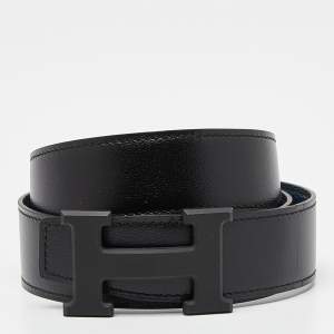 Hermes Black/Bleu de Prusse Chamonix and Togo Leather H Buckle Belt 110CM