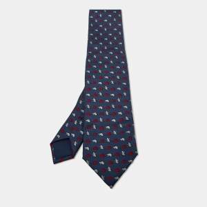 Hermès Blue Beaver Castor Construction Print Silk Tie