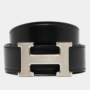 Hermes Black/Chocolate Box Calf and Clemence Leather Reversible H Buckle Belt 95CM