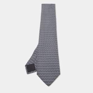Hermes Navy Blue Horsebit Patterned Silk Tie