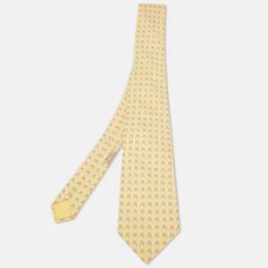 Hermès Yellow Horse Print Silk Traditional Tie