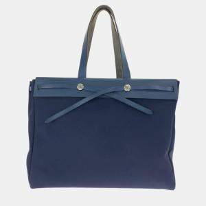 Hermes Canvas/Leather Aile Bag Cabas GM Tote Blue Canvas