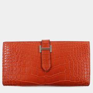 Hermes Alligator Bifold Wallet Orange Orange Leather