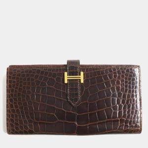 Hermes Bearn Souffle Crocodile Leather Wallet Brown Leather