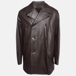 Hermes Dark Brown Leather Double Breasted Long Jacket XL