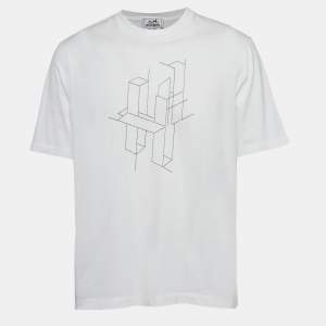 Hermes White  Embroidered Cotton Crew Neck T-Shirt L