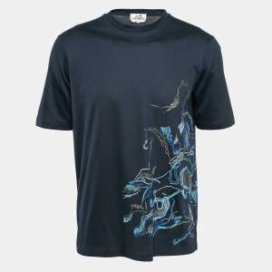 Hermes Navy Blue Printed Cotton Jersey T-Shirt S