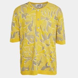 Hermes Yellow Puzzle Floral Knit Henley Collar T-Shirt XL