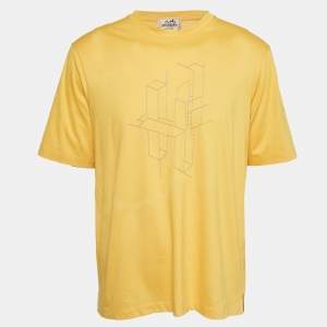 Hermes Yellow 3D H Embroidered Jersey Crew Neck T-Shirt L
