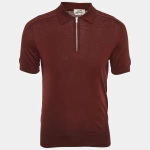 Hermes Dark Red Cotton Zip-Detail Polo T-Shirt M