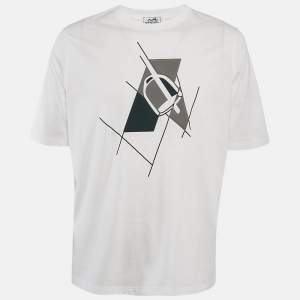 Hermes White Print Cotton Half Sleeve T-Shirt M
