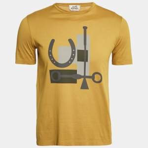 Hermes Mustard Yellow Printed Cotton Crew Neck T-Shirt XS
