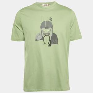 Hermes Green Print Cotton Crew Neck Half Sleeve Quarterb'H" T-Shirt L