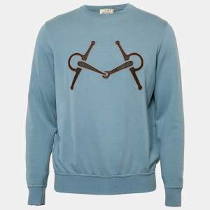 Hermes Blue Leather Trim Cotton Knit Crew Neck Sweatshirt M
