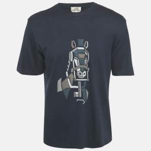 Hermès Navy Blue Horse Print Cotton Crew Neck T-Shirt L