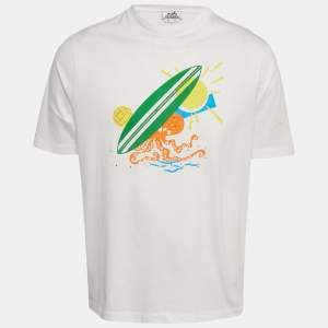 Pre Owned Hermes White Surfboard Beach Print Cotton Poulpwatch T-Shirt M