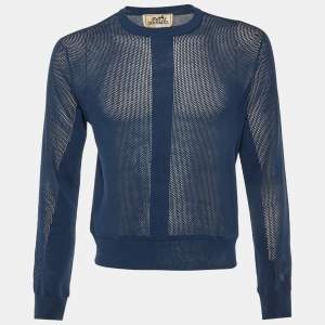 Pre Owned Hermes Dark Blue Mesh Knit Crew Neck Sweater S