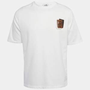 Pre Owned Hermes White Cotton Leather Detail T-Shirt M