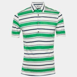 Pre Owned تي شيرت بولو هيرمس مخطط أخضر كتان وقطن مقاس صغير جداً