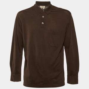 مملوكة مسبقًا قميص هيرمس قطن مخطط أزرق بأزرار أمامية أكمام طويلة مقاس ميديوم