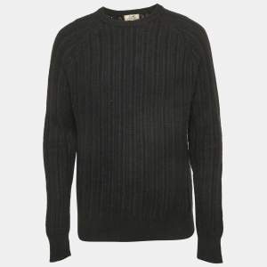 Pre Owned Hermes Black Cashmere Rib Knit Crewneck Sweater L