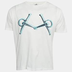 مملوكة مسبقًا Hermes White Horsebit Print Jersey T-Shirt S