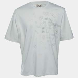 Pre Owned Hermes Pale Grey Fragments Équestres Cotton Crew Neck T-Shirt XL