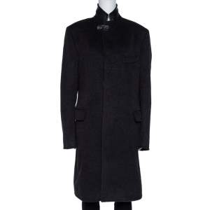 Hermes Anthracite Cashmere & Leather Trim Liverpool Mid Length Coat M 