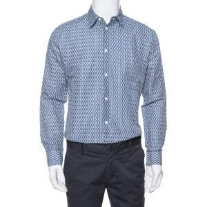 Hermes Blue Printed Linen & Cotton Long Sleeve Shirt M
