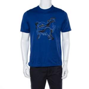 Hermes Blue Brazilian Horse Print Cotton Crew Neck T-Shirt M