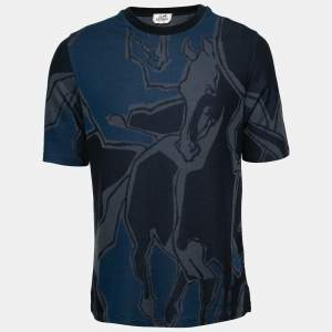 Hermes Navy Blue Intarsia Knit Round Neck Short Sleeve T-Shirt L