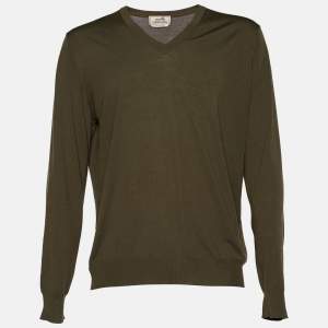 Hermes Olive Green Wool Knit Long Sleeve Jumper XXL