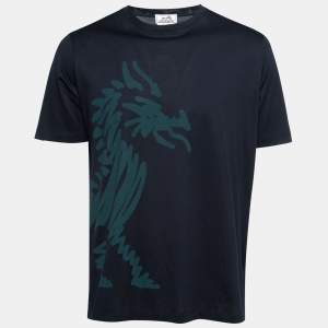 Hermes Navy Blue Cotton Dragon Print T-Shirt XL