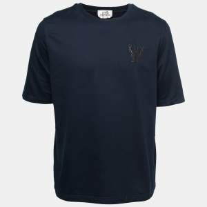 Hermes Navy Blue Cotton Embroidered Detail Short Sleeve T-Shirt L